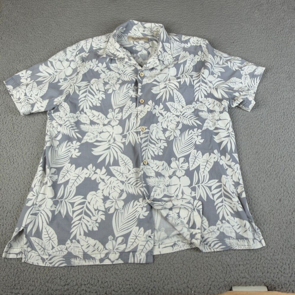 TOMMY BAHAMA Shirt Mens L Gray White Floral Cotton Blend Button Golf Aloha Camp